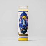 8" Glass Candle with The Image of Our Lady of Charity/Vela DE Vaso DE 
Cristal CON IMAGEN DE LA Caridad DEL COBRE